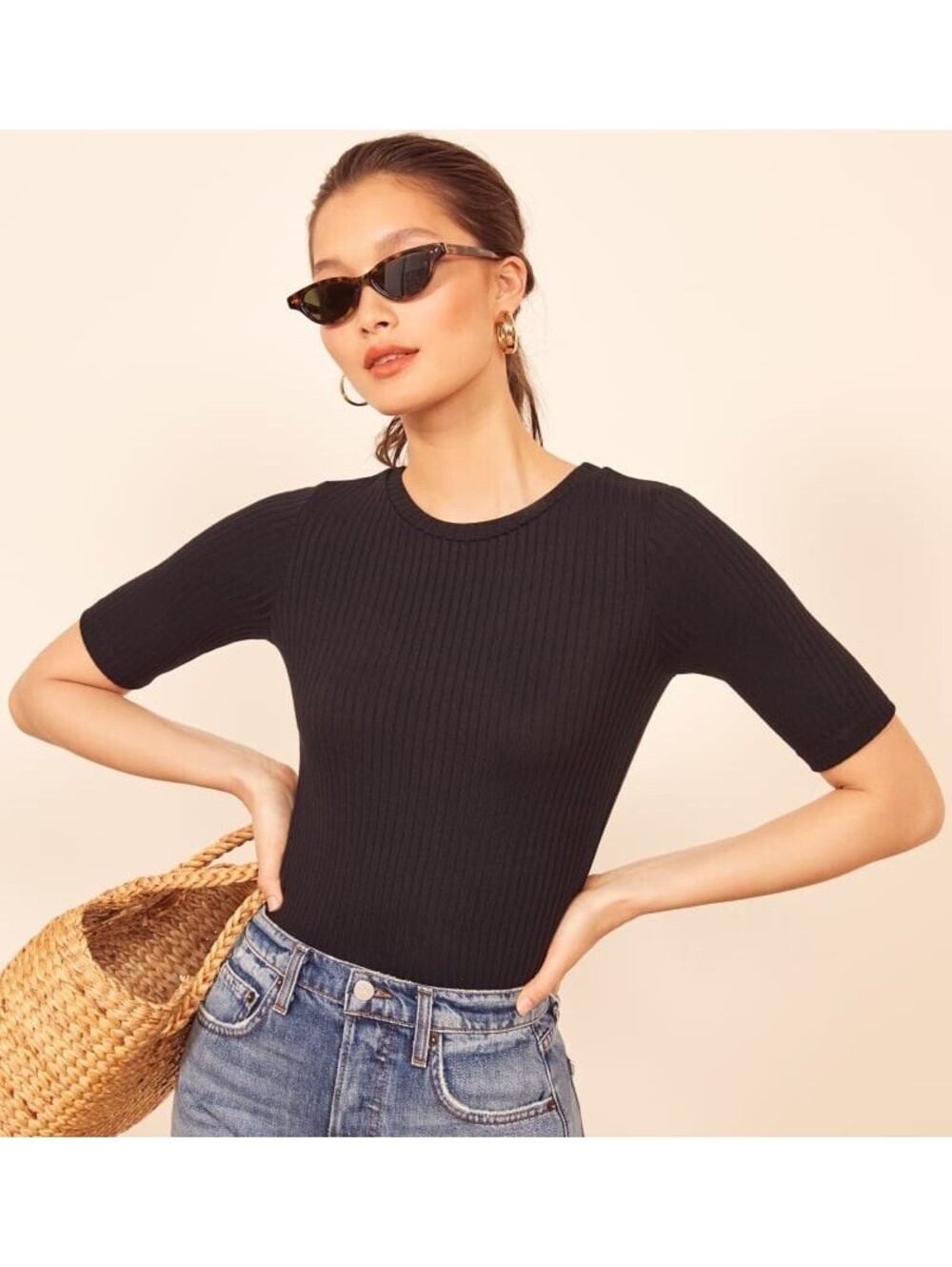 Reformation Janine Knit Ribbed Top Black Size Medium Closet Staples Basic EUC